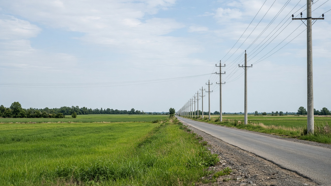 Rząd betonowych słupów z przewodami wzdłuż drogi przez zielone pola